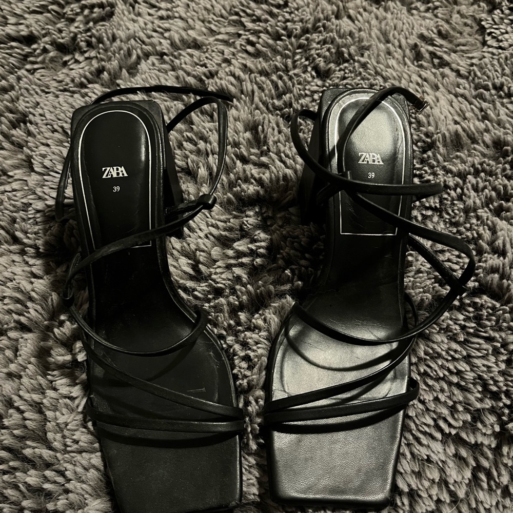 Zara Black Strappy Square-Toe Heels